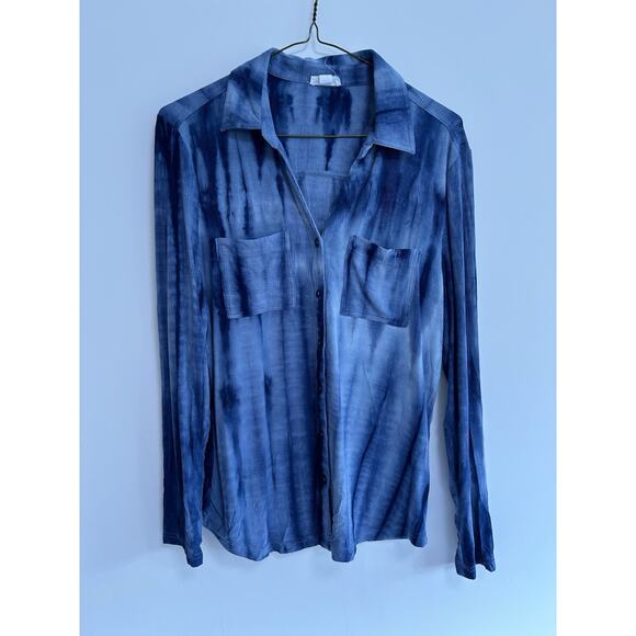 Tribal Jeans Button Up Shirt Tie Dye Ribbed Womens Size Medium Blue Stretch Boho - Picture 1 of 8